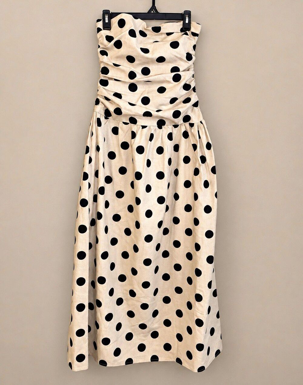4th & Reckless Strapless Ruched Polka Dot Maxi Dress Lined Zip Ivory/Black S